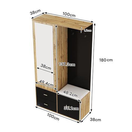 Vestiaire 100x38x180 Cm, Meuble D'entrée Avec Miroir Et Banc, Panneau De Particules, Noir Et Bois
