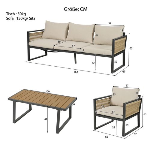Salon De Jardin 4 Pièces, Canapé, Table, Fauteuil, Acier Galvanisé, Corde Tressée, Beige+noir+bois