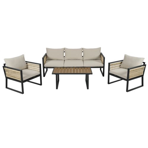 Salon De Jardin 4 Pièces, Canapé, Table, Fauteuil, Acier Galvanisé, Corde Tressée, Beige+noir+bois