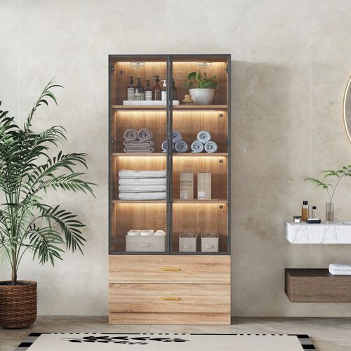 Meuble Salle De Bain 75x34.5x170 Cm, Éclairage, 2 Tiroirs Et 2 Portes Vitrées, Mdf, Brun