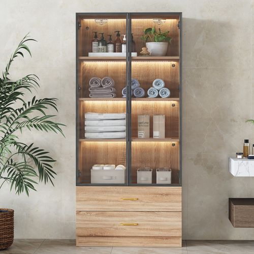 Meuble Salle De Bain 75x34.5x170 Cm, Éclairage, 2 Tiroirs Et 2 Portes Vitrées, Mdf, Brun