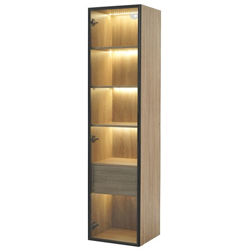Meuble Salle De Bain 40x34.5x165 Cm, Bande Lumineuse, 1 Tiroir, 1 Porte Vitrée, Mdf, Naturel