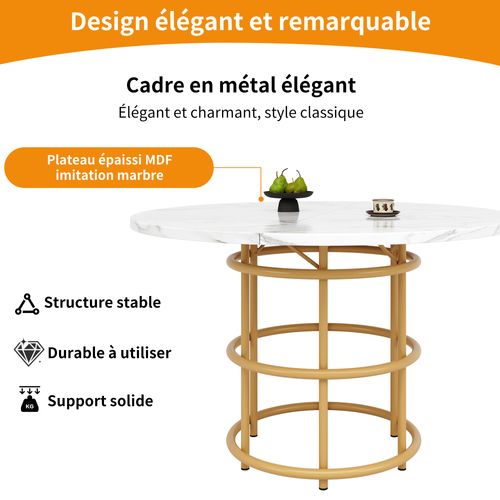 Table à Manger 100x100x76cm, Pieds En Fer, Moderne, Table Ronde, Motif Marbre,  Mdf, Doré+blanc
