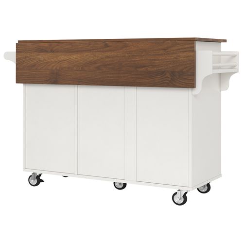 Îlot De Cuisine 128x46/71x93cm, Plateau Pliable 71 Cm, Rangement Et Porte Serviette, Mdf, Blanc+brun