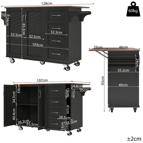Îlot De Cuisine 128x46/71x93 Cm, Plateau Pliable, Étagère à Épices, Porte-serviettes, Mdf, Noir+brun