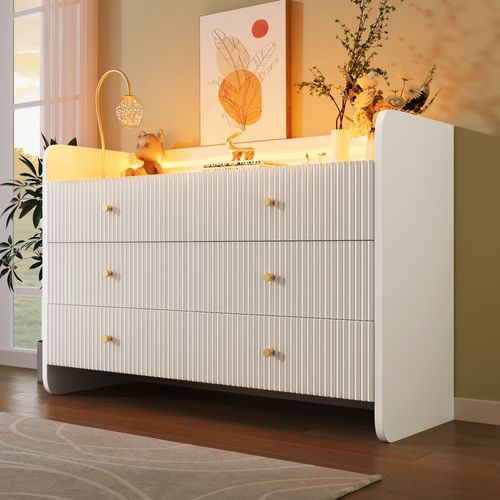 Buffet Bas 120x40x75 Cm, Design Ondulé 3d Avec LED, 6 Tiroirs, Panneau De Particules Et Métal, Blanc