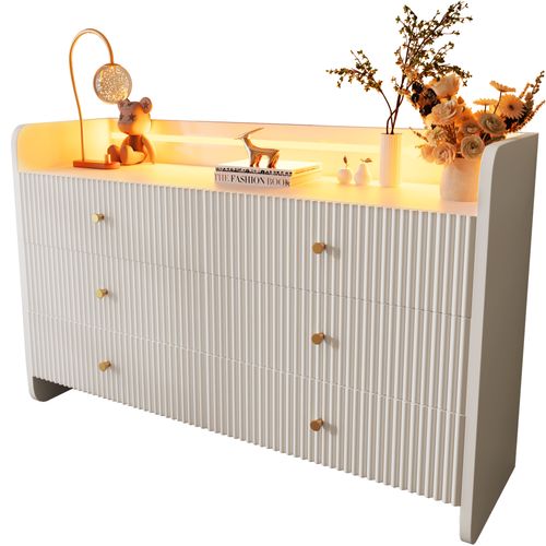 Buffet Bas 120x40x75 Cm, Design Ondulé 3d Avec LED, 6 Tiroirs, Panneau De Particules Et Métal, Blanc
