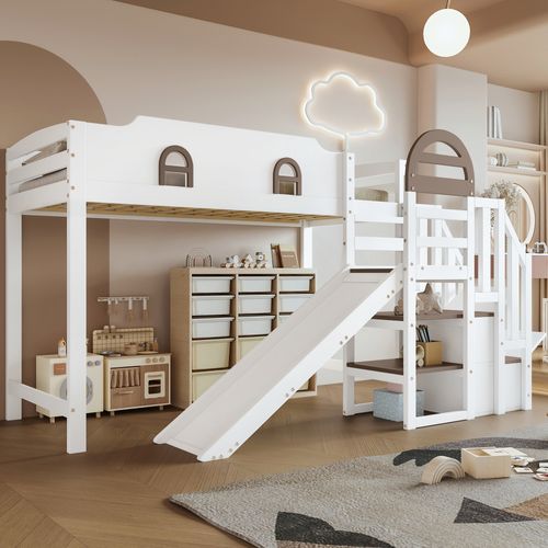 Lit Superposé Enfant 90x200 Cm, Avec Toboggan Et Escalier à Rangements, Bois Et Mdf, Couleur Blanche