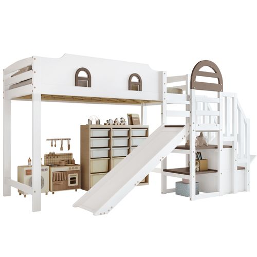 Lit Superposé Enfant 90x200 Cm, Avec Toboggan Et Escalier à Rangements, Bois Et Mdf, Couleur Blanche