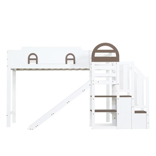 Lit Superposé Enfant 90x200 Cm, Avec Toboggan Et Escalier à Rangements, Bois Et Mdf, Couleur Blanche