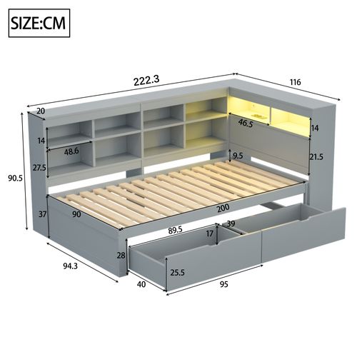Lit Simple 90x200 Cm, Forme En L, 10 Niches, 2 Tiroirs, Prise USB Et LED, Bois, Mdf, Gris