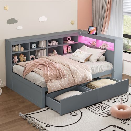 Lit Simple 90x200 Cm, Forme En L, 10 Niches, 2 Tiroirs, Prise USB Et LED, Bois, Mdf, Gris