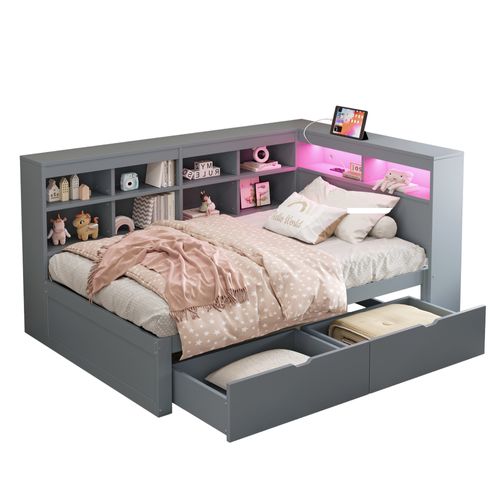 Lit Simple 90x200 Cm, Forme En L, 10 Niches, 2 Tiroirs, Prise USB Et LED, Bois, Mdf, Gris