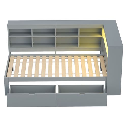 Lit Simple 90x200 Cm, Forme En L, 10 Niches, 2 Tiroirs, Prise USB Et LED, Bois, Mdf, Gris