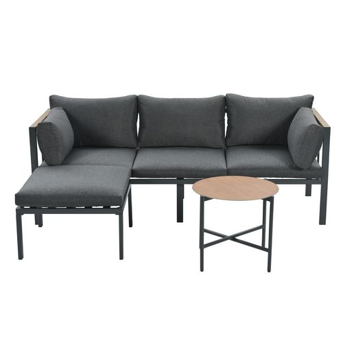 Salon De Jardin D’angle, Set 3 Pièces, Table Basse Verre, Acier Galvanisé, Gris+noir+bois