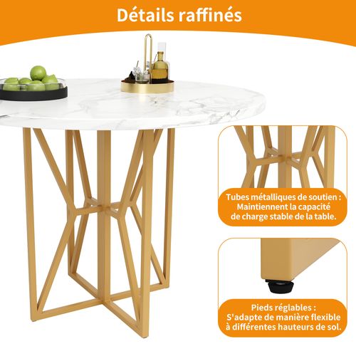 Table à Manger 80x80x76cm, Pieds En Fer, Table Ronde, Motif Marbre,  Mdf, Doré+blanc