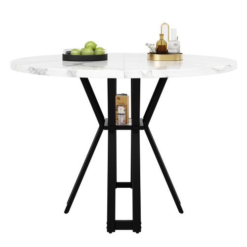 Table Ronde 100x100x76 Cm, Motif De Marbre En Mdf, Pieds En Métal Réglables, Étagère, Blanc+noir