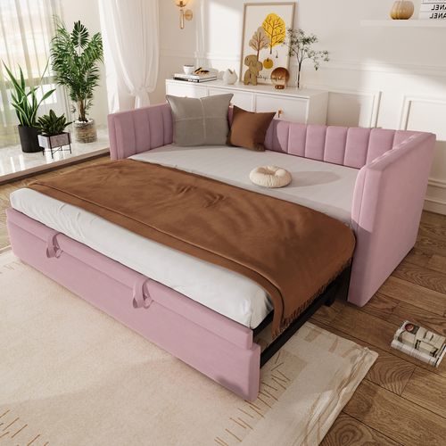 Lit Gigogne 90x200cm+90x190cm, Lit 2 En 1, Convertible 180x200 Cm, Velours Et Mdf, Couleur Rose
