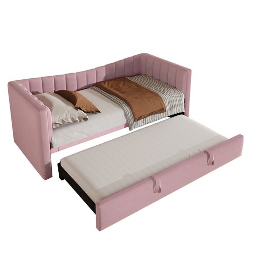 Lit Gigogne 90x200cm+90x190cm, Lit 2 En 1, Convertible 180x200 Cm, Velours Et Mdf, Couleur Rose