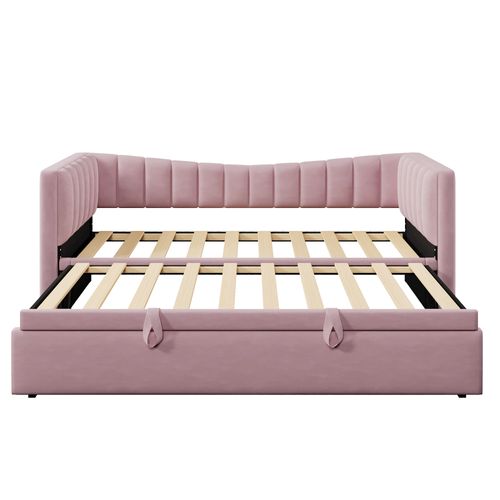 Lit Gigogne 90x200cm+90x190cm, Lit 2 En 1, Convertible 180x200 Cm, Velours Et Mdf, Couleur Rose