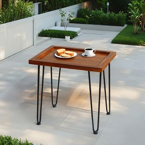 Bout De Canapé De Jardin 55.5x45x53 Cm, Plateau En Bois, Pieds En Fer Laqué, Couleur Bois+noir