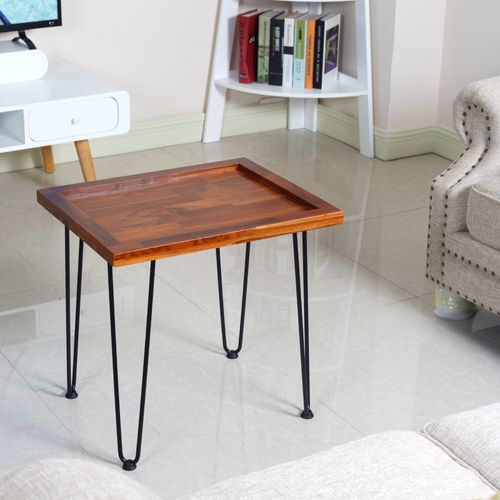 Bout De Canapé De Jardin 55.5x45x53 Cm, Plateau En Bois, Pieds En Fer Laqué, Couleur Bois+noir