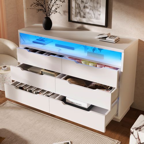 Buffet Bas 120x40x85 Cm, LED Et 6 Tiroirs, Panneau De Particules, Motif De Marbre En Mdf, Blanc
