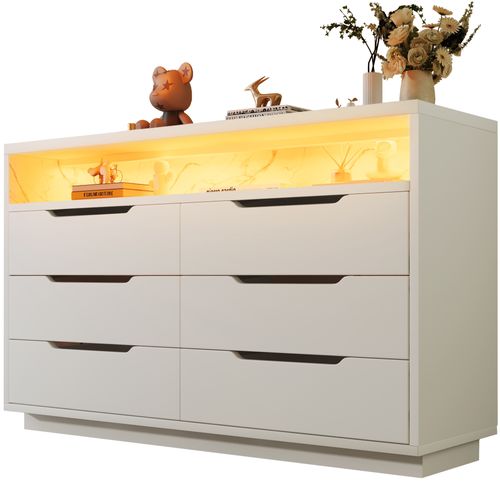 Buffet Bas 120x40x85 Cm, LED Et 6 Tiroirs, Panneau De Particules, Motif De Marbre En Mdf, Blanc