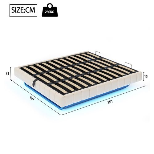 Lit Coffre Double 180x200 Cm, Lit Adulte Flottante, Rangement, LED, Sans Tête De Lit, Lin Beige