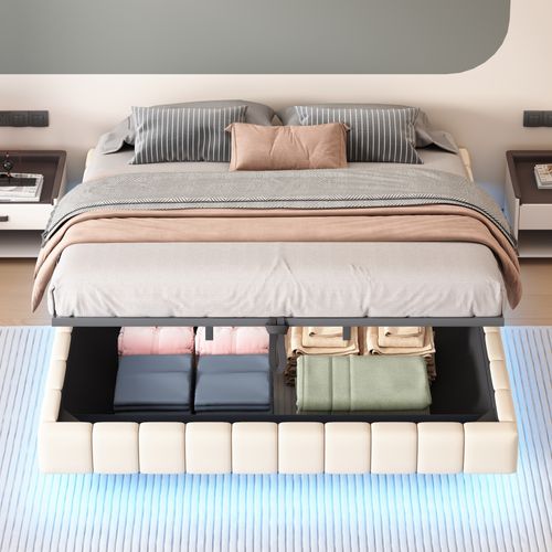 Lit Coffre Double 180x200 Cm, Lit Adulte Flottante, Rangement, LED, Sans Tête De Lit, Lin Beige