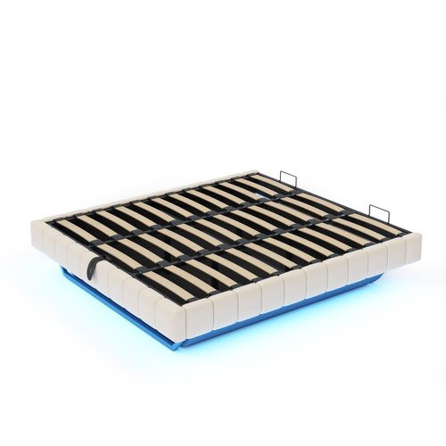 Lit Coffre Double 180x200 Cm, Lit Adulte Flottante, Rangement, LED, Sans Tête De Lit, Lin Beige