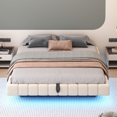 Lit Coffre Double 180x200 Cm, Lit Adulte Flottante, Rangement, LED, Sans Tête De Lit, Lin Beige