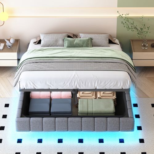 Lit Coffre Double 160x200 Cm, Lit Adulte Flottante, Rangement, LED, Sans Tête De Lit, Lin Gris