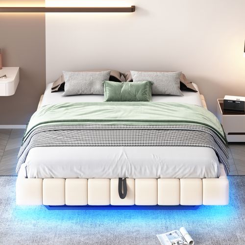 Lit Coffre Double 160x200 Cm, Lit Adulte Flottante, Rangement, LED, Sans Tête De Lit, Lin Beige