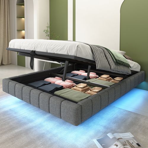 Lit Coffre Double 140x200 Cm, Lit Adulte Flottante, Rangement, LED, Sans Tête De Lit, Lin Gris