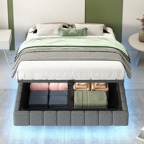 Lit Coffre Double 140x200 Cm, Lit Adulte Flottante, Rangement, LED, Sans Tête De Lit, Lin Gris