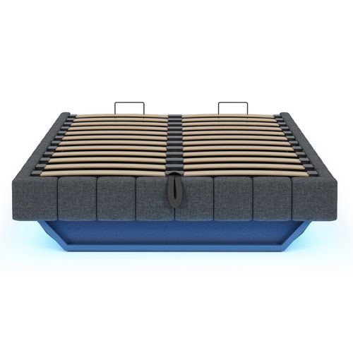 Lit Coffre Double 140x200 Cm, Lit Adulte Flottante, Rangement, LED, Sans Tête De Lit, Lin Gris