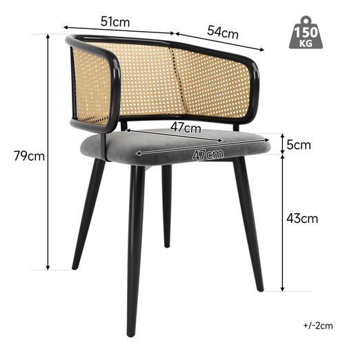 Lot De 6 Chaise 54x51x79cm, Pieds En Fer, Dossier En Rotin, Moderne, Velours, Métal, Noir+gris