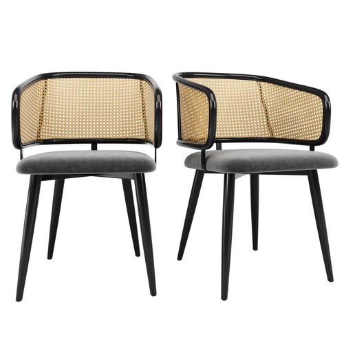 Lot De 2 Chaise 54x51x79cm, Pieds En Fer, Dossier En Rotin, Moderne, Velours, Métal, Noir+gris