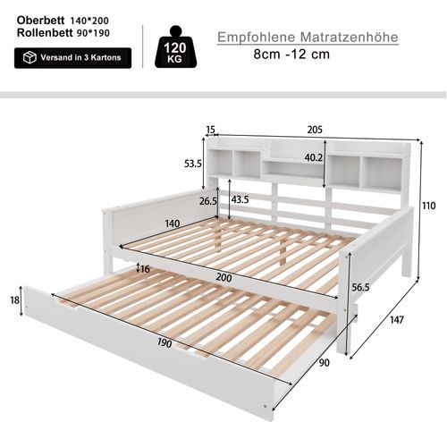 Lit Gigogne 140x200+90x190 Cm, 2 En 1, 2 Couchages, 5 Niches, Étagères, Bois, Mdf, Blanc
