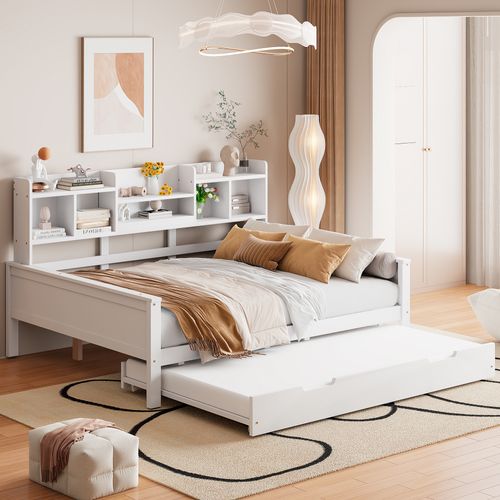 Lit Gigogne 140x200+90x190 Cm, 2 En 1, 2 Couchages, 5 Niches, Étagères, Bois, Mdf, Blanc