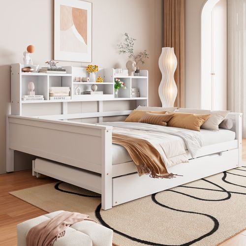 Lit Gigogne 140x200+90x190 Cm, 2 En 1, 2 Couchages, 5 Niches, Étagères, Bois, Mdf, Blanc