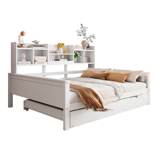 Lit Gigogne 140x200+90x190 Cm, 2 En 1, 2 Couchages, 5 Niches, Étagères, Bois, Mdf, Blanc