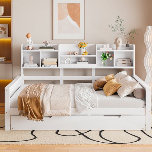 Lit Gigogne 140x200+90x190 Cm, 2 En 1, 2 Couchages, 5 Niches, Étagères, Bois, Mdf, Blanc