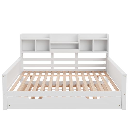 Lit Gigogne 140x200+90x190 Cm, 2 En 1, 2 Couchages, 5 Niches, Étagères, Bois, Mdf, Blanc