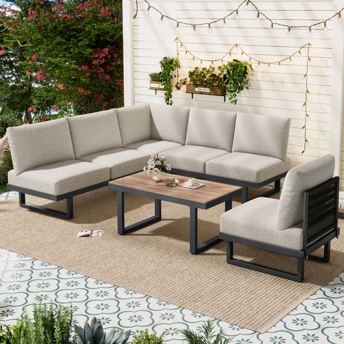 Salon De Jardin Modulable, Convertible En Bain De Soleil, Acier Galvanisé Polyester, Gris+bois