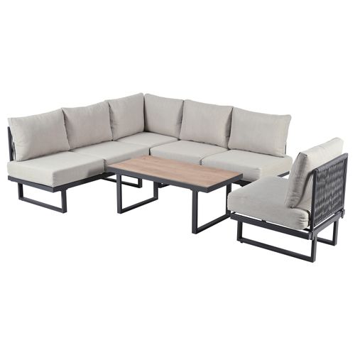 Salon De Jardin Modulable, Convertible En Bain De Soleil, Acier Galvanisé Polyester, Gris+bois