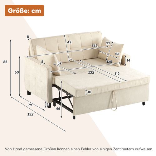 Canapé Gigogne 142x132x85 Cm, Convertible Par Cordon, Tissu Chenille, Mousse Haute Densité, Beige
