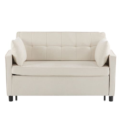 Canapé Gigogne 142x132x85 Cm, Convertible Par Cordon, Tissu Chenille, Mousse Haute Densité, Beige