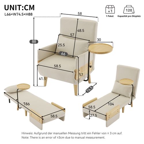 Fauteuil Convertible 3 En 1 74,5x66x88 Cm, Dossier 6 Positions, Fauteuil Lounge, Lin Beige